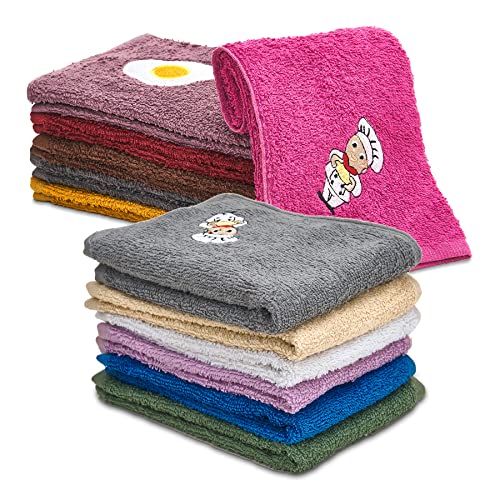 DECASATEXTIL® - Set de 12 paños de Cocina Rizo 100% Algodón 500gr/m2-Diferentes diseños -Gran absorción, Suaves y duraderos, 50x50cm Cover