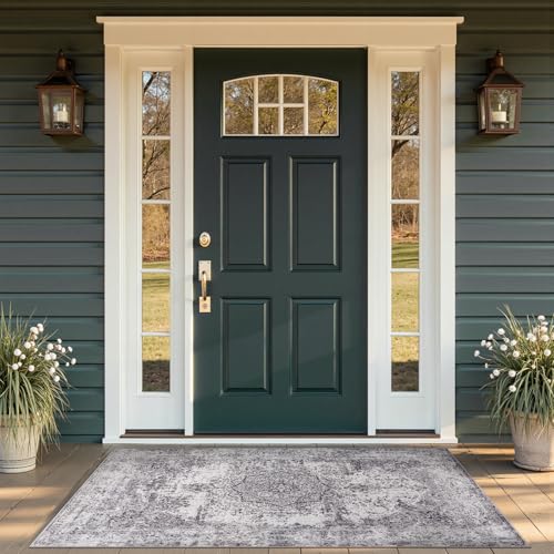 jinchan Area Rug 3x5 Washable Doormat Vintage Distressed Rug Door Mat Indoor Entrance Thin Traditional Gray Floral Lightweight Non Slip Carpet for Kitchen Bedroom Living Room Grey 3' x 5' (R