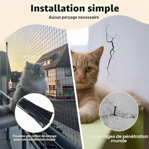 EVBOTGEE Filet pour Chat de Balcon et fenêtre 6x3m, sans perçage, en Nylon Haute résistance, pour terrasse, fenêtres et Portes. (Noir) – vue 4