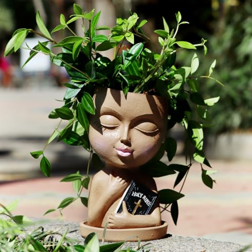 Meltset M Face Planters Pots Head for Indoor Outdoor Plant Unique Head Planter Holding Book Confessional Girl Face Flower Pot with Drainage for Succulent Cactus String Of Pearl Plant Gift Idea (Khaki)