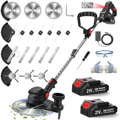 SMILOVII Cordless Strimmer with 2x2.0Ah Batteries, 750W Grass Trimmer and Cordless Brush Cutter with Wheels, 24000RPM Electric Weed Trimmer with Metal Blades, Lightweight Telescopic Strimmer