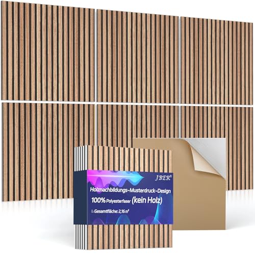 JBER Akustikpaneele Selbstklebend 6 Stück, Schallschutzplatten, Schalldammung Polyester-Faser Akustikschaumstoff, Dekorative Schallschutz für Tonstudio, Büros, Hau, 60×60×1cm, Natürliche Walnusstönung