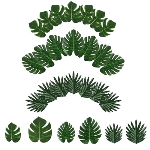 RHQFDM Artificial Palm Leaves 48 Pieces Tropical Leaves Decorations Monstera Leaves Green Palm Leaves for Hawaii Beach Theme Tropical Jungle Party Decorations (6 Sizes)