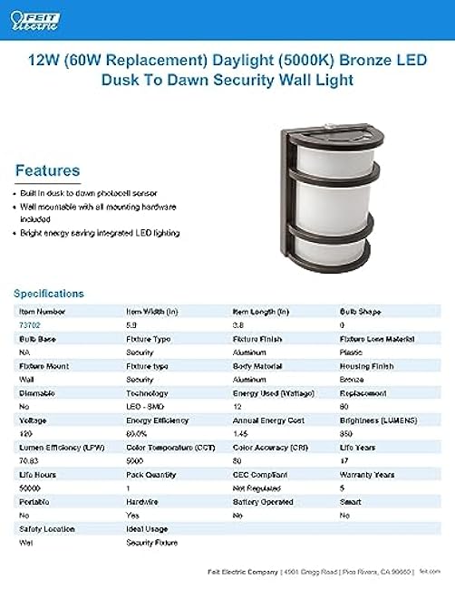 Feit Electric - Dusk to Dawn LED Bronze Half Moon Security Outdoor Wall Light, 5000K (73702)