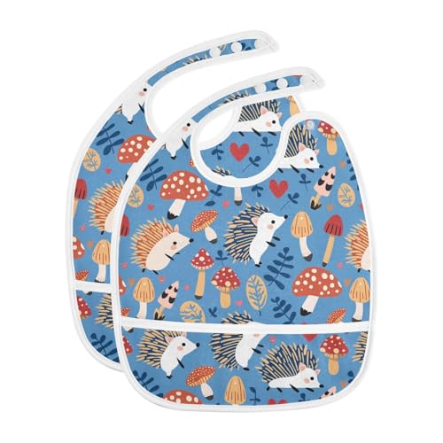 Mushroom Hedgehog Baby Bibs for tag1 Waterproof Feeding Bib Apron with Food Cather Adjustable Cotton Food Eating Bib 2 Pack