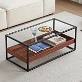 Shrine Glass Coffee Table, Black Walnut Coffee Table for Living Room, Glass and Wood Coffee Table, 39.2' D x 19.5' W x 15.7' H, Clear Glass Top, Walnut Wood Panels&Black Metal Frame