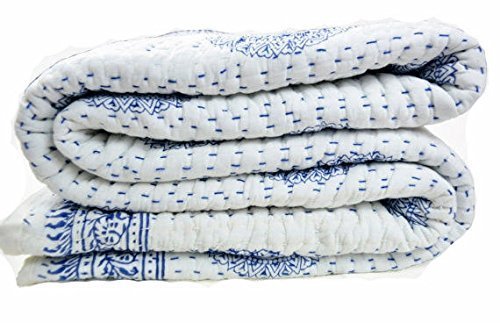 Crafts Creation Queen Size Kantha Quilt, Indian Kantha Quilt, White Cotton Blanket, Handmade Bedspread, Hand Block Print, 100% Cotton Bedspread Blanket Throw (Queen) #TOP3