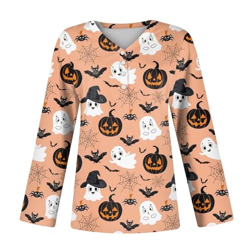 Ladies Long Sleeve Halloween and Christmas Decorative Button Tunic Basic V-Neck Casual Shirt Fashion Tops2