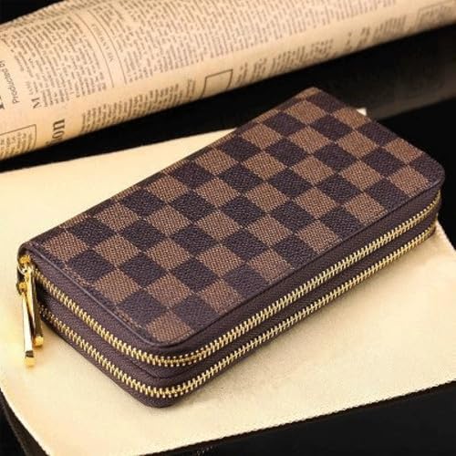 Brown and Khaki Checkerboard Clutch Wallet with Zip, Hand Strap, Large Capacity Men's and women's zippered pocket wallets(Double zipper 12)4