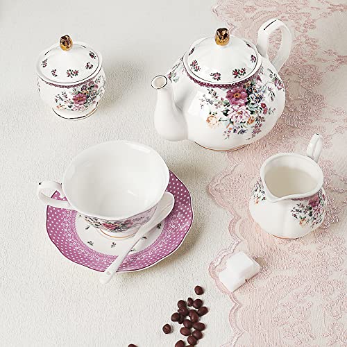 fanquare 21 Piezas Juego de Té de Porcelana con Flores Rosa, Juego de Café Ceramica Real para 6 Personas, Juego de Tazas… - Imagen 6