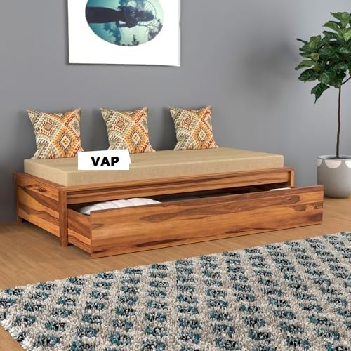 Image of Wooden Single Size Bed with Mattress for Living Room, Drawing Room & Bedroom | Space Saving Wooden Cot /Palang /Diwan with Trundle Drawer Storage | Solid Wood Sheesham | Honey Finish