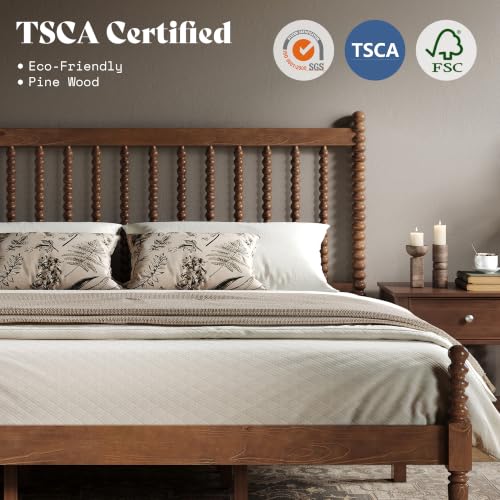 Image of AMERLIFE King Solid Wood Bed with Bobbin Spindle Headboard, Dark Walnut