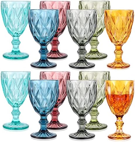 Set of 12 Vintage Glass Goblets Bulk 10 oz Multi Colored Stemware Wine Glasses Crystal Stemmed Drinking Glasses Cups Diamond Pattern Glassware Set for Party Wedding Bar Water Juice Beverage 6 Colors