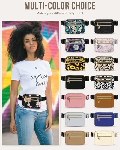 Image of Capolo Fanny Packs for Women Fashion Waist Packs Bag with Adjustable Strap and 4 Zipper Pockets Waterproof Everywhere Crossbody Belt Bag for Workout Running Travelling(Black Flower)