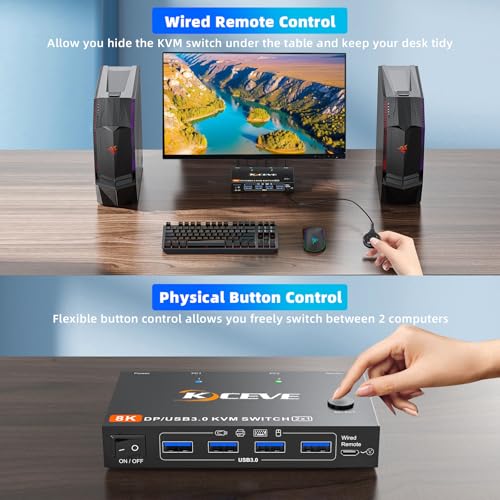 Image of KCEVE KVM Switch 2 Computer 1 Monitor Displayport 4K@240Hz 8K@60Hz, USB 3.0 KVM Switch Displayport 2.1 for 2 PC Share 4 USB Devices Keyboard Mouse,Wired Remote(8K DP 2 in 1 Out KVM)