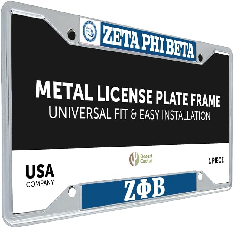 Desert Cactus Zeta Phi Beta Car Accessories Zetas ZPHIB Sorority Metal License Plate Frame and Tag Holder for Front or Rear of Car (Crest LP Frame)