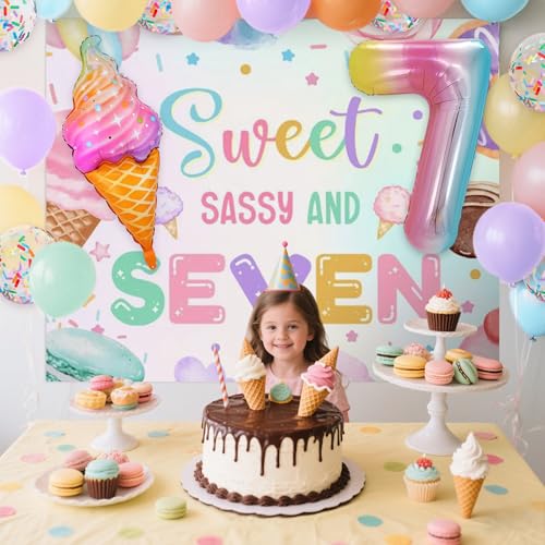 Image of Sweet Sassy and Seven Birthday Backdrop 7th Birthday Decorations for Girls | Sweet Sassy and 7 Birthday Decorations 7 Year Old Girl Birthday Decorations Ice Cream Banner 7 Balloons Party Supplies