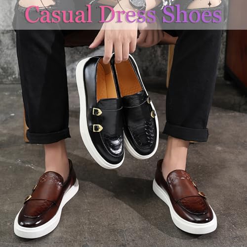 Men's Pattern Leather Double Monk Buckle Slip On Loafers Classic Round Toe Low Top Non-Slip Fashion Sneakers Luxury Casual Business Dress Shoes3