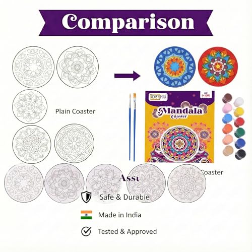 Image of HOBBY INDIA Rangoli Mandala Art Kit for Adults and Kids | DIY Tea Coaster Set of 6 with Painting Kit | Unique Art and Craft Kit Gift | Perfect Coaster for Office Desk, Dining Table Kitchen Decoration