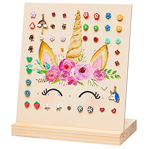 Beinou Earring Holder Stand Unicorn Earring Display for Girls Wood Stud Earring Organizer 40 Pairs Dangle Earring Stand Holder for Dresser, Pink