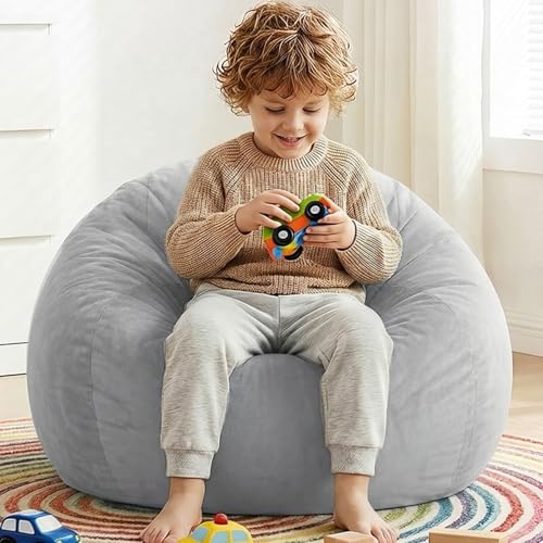 Image of Stuffed Animal Storage Bean Bag Chair Cover for Kids (No Filler), Soft Comfy Velvet Beanbag Chair Cover Machine Washable,Kids Bean Bag Chair with Handle for Living Room Bedroom Dorm,Light Gray