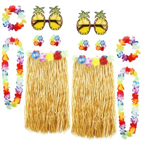 Jupes Hula pour fête hawaïenne Luau XEPST avec colliers de fleurs et lunettes ananas, lot de 12