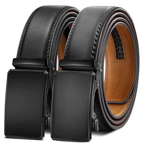 Image of KEMISANT Men Belt 2 Pack, Leather Ratchet Belt Easy Click Slide For Men 1 3 /8 inch,Cut for Fit