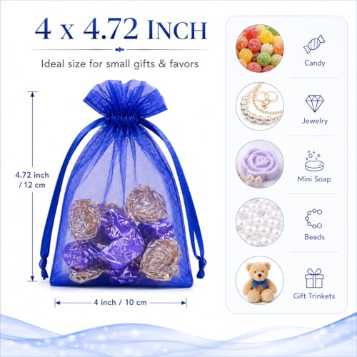 Image of Hopttreely 50pcs Royal Blue Organza Bags, 4x4.72 inch Mesh Bags Drawstring Gift Bags Jewelry Pouches for Candy Wedding Favors Christmas, Bridal Showers, Candy, Jewelry & Goodie Bags