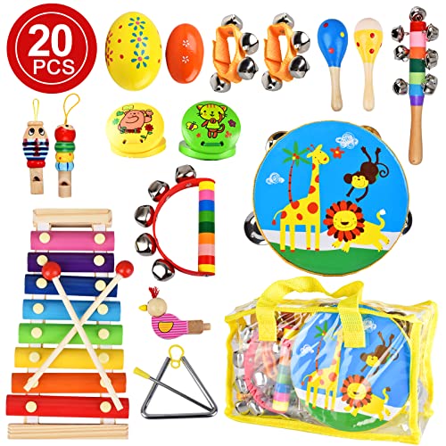 Bala 20PCS Toddler Kids Musical Instruments Set Musical Toys Wooden Percussion Instruments Preschool Educational Toys Xylophone for Kids Early Learning Musical Toys with Storage Bag for Boys Girls