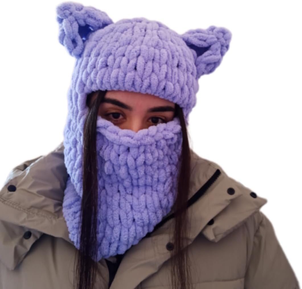 Cat Ear Crochet Balaclava Mask – Handmade Winter Face Cover, Cute Kitty Ear Hood, Warm Crochet Ski Mask Black