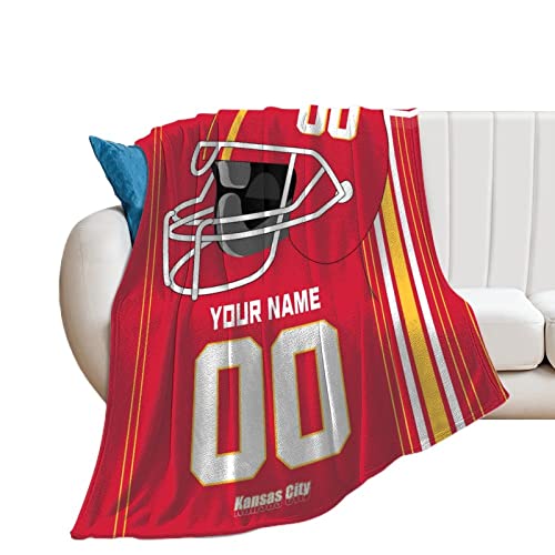 Kansas City Custom Football Blanket with Name Number, DIY Football Blanket Personalized Flannel Throw Blankets for Birthday Christmas Football Sports Fan Gifts