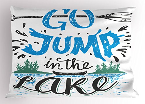 Lunarable Cabin Pillow Sham, Vintage Typography Inspirational Words Lake Sign Canoe Fishing Sports Theme, Decorative Standard Size Printed Pillowcase, 26" X 20", Black Green