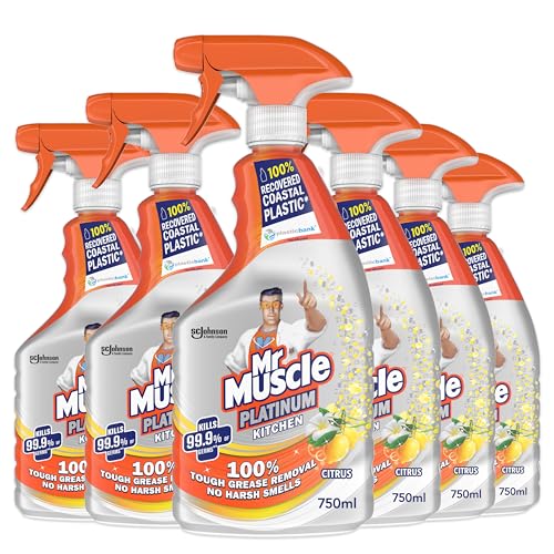 Mr Muscle Kitchen Cleaner, Platinum Antibacterial Kitchen Spray, Citrus, Pack of 6 (6 x 750 ml)