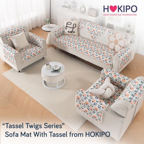 Image of HOKIPO Folk Garden Quilted Sofa Cover Mat with Tassels for 1 Seater 'Tassel Twigs' Series (IN-982-T9)