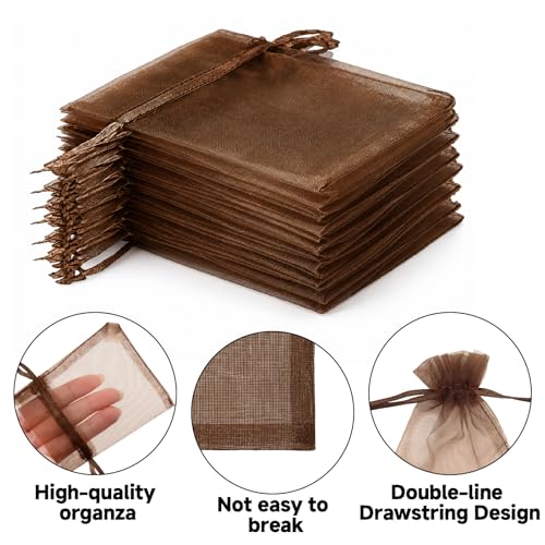 Image of joycraft 50Pcs Coffee Brown Organza Bags - 2.7x3.5 In Holiday Sheer Drawstring Pouch, Small Jewelry Organza bags for Wedding Favor, DIY Craft, Christmas, Thanksgiving