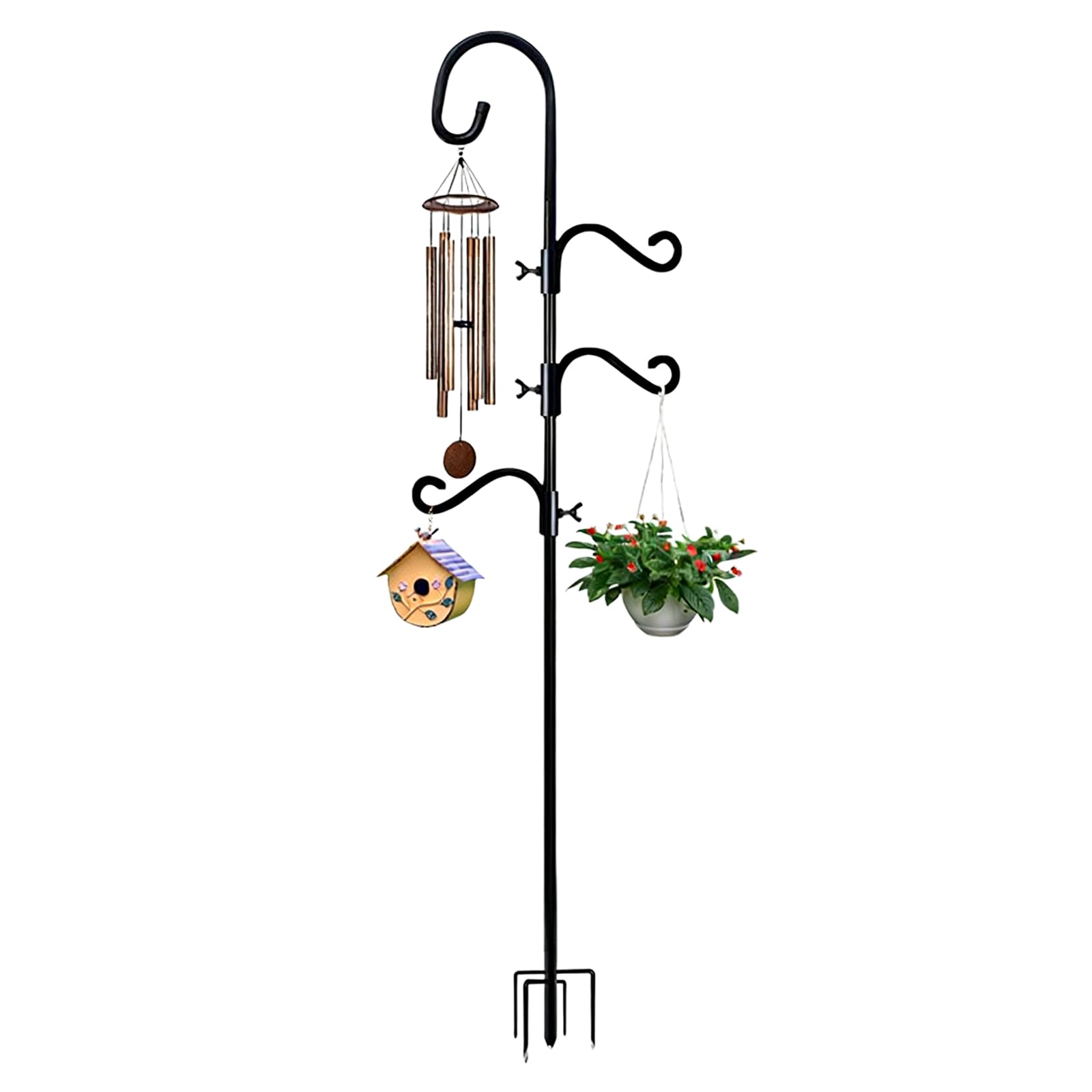 Gancio per pastore, 193 cm, gancio per il pastore da giardino, regolabile con 3 ganci resistenti alla ruggine con 5 basi pronte, set di supporto per mangiatoia per uccelli, robusto supporto per