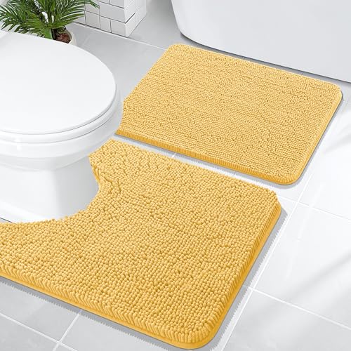 Image of OLANLY Bathroom Rugs Sets 2 Piece, Soft Absorbent Chenille Bath Mats and U-Shaped Contour Toilet Mat Area Rug Set, Machine Washable Bath Carpet, Home Decor Accessories(24 inchx16 inch+24 inchx20 inch, Yellow)