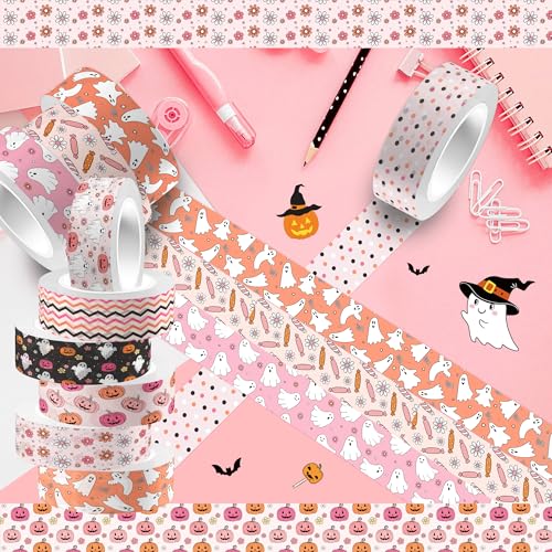 12 Rolls Halloween Washi Tape Pink Halloween Pumpkin Ghost Flower Prints Masking Tape 16.4Ft Cute Decorative Boho Design Tape Stickers for Halloween Scrapbook Journal DIY Art Craft Gift Wrapping - Image 4