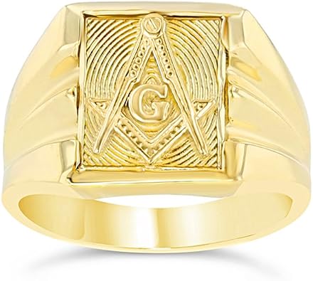 Mens Contemporary 10k Yellow Gold Square and Compass Freemason Ring