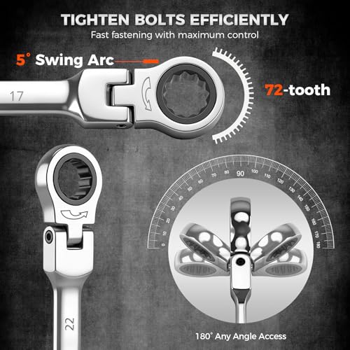 Image of HORUSDY 12-Piece Metric Flex-Head Ratcheting Wrench Set 8-22mm, CR-V Ratchet Combination Wrenches with 72T 180 Flex Head, Magnetic Holder & Tool Bag for Auto, Motorcycle, Home & Repair