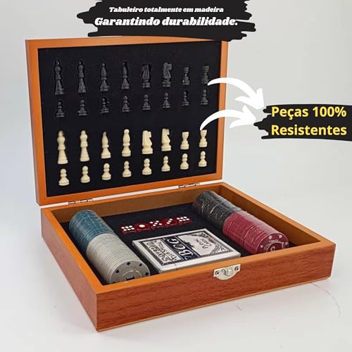 Kit Jogos de mesa de Xadrez e Baralho de Luxo em Caixa de Madeira, Peças de Xadrez em Madeira, Tabul