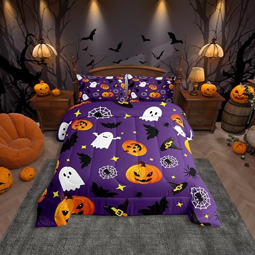 Manfei Cute Halloween Comforter Set Twin Size, Pumpkin Lantern Ghost Bedding Set 2pcs for Kids Boys Girls Room Decor, Black Spider Bat Quilt Set Soft Polyester Duvet Set with 1 Pillowcase