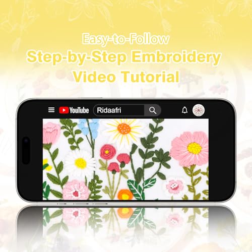 Image of RidaaFri Embroidery Kit for Beginners, Set of 3 Flower Pattern DIY Practice Kits for Adults, Hand Embroidery Set with Step-by-Step Guide & Video Tutorial, Includes Hoop, Needles, Floss