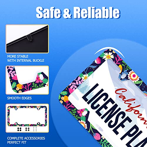 Colorful Flowers License Plate Frame Cute Floral License Plate Cover Stainless Steel Car Accessory Rustproof Personalize Beautiful License Plate 4 Holes Screws Decorative 12.3" X 6.3" Women Gifts #TOP1