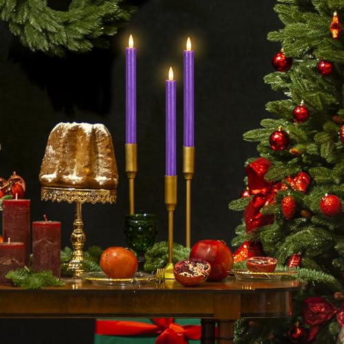 Image of Purple LED Flameless Taper Candles, 6 Pack Real Wax Flickering Candlesticks with 10-Key Remote, Battery Operated Tall Taper Candles for Home, Wedding, and Party Decor