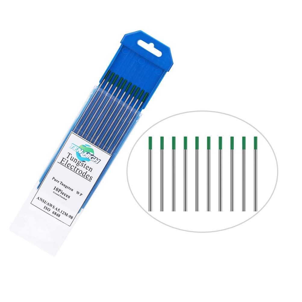 TEN-HIGH Electrodos de tungsteno, WP (verde) Electrodos de tungsteno puro, paquete de 2.4 mm x175 mm 10 piezas