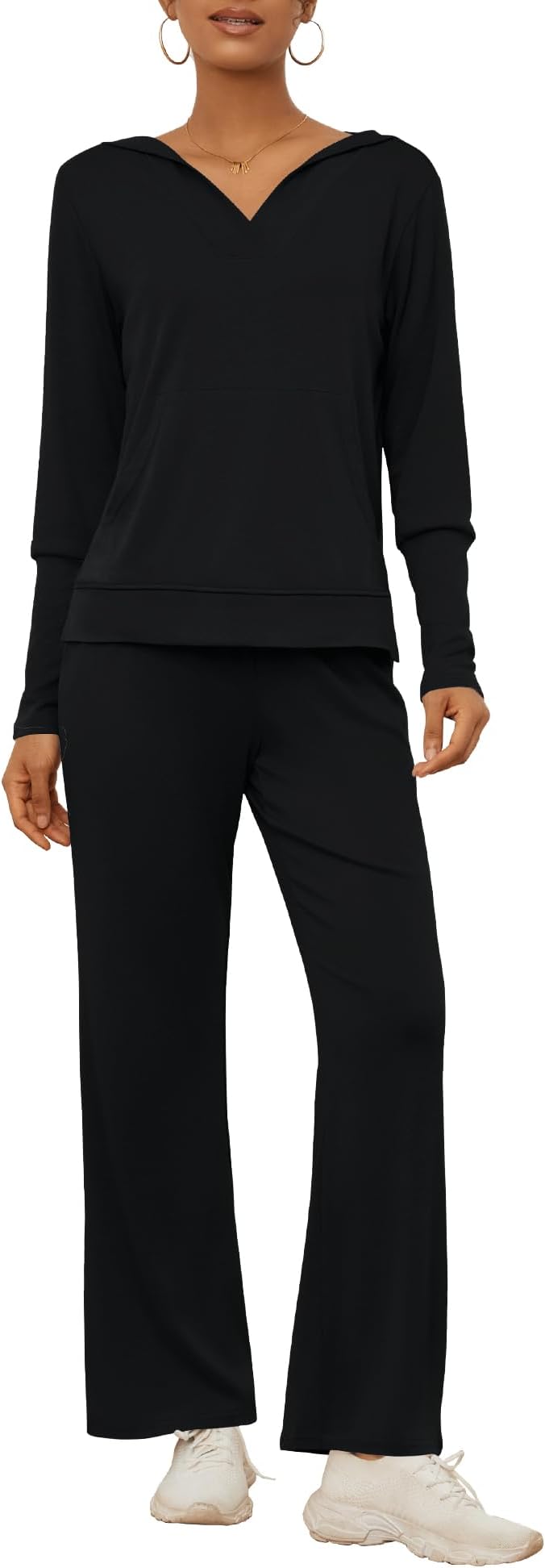AKEWEITwo Piece Outfits for Women Fall 2023 Sweatsuits Matching Set V Neck Hoodie Wide Leg Pants Tracksuit Lounge Sets