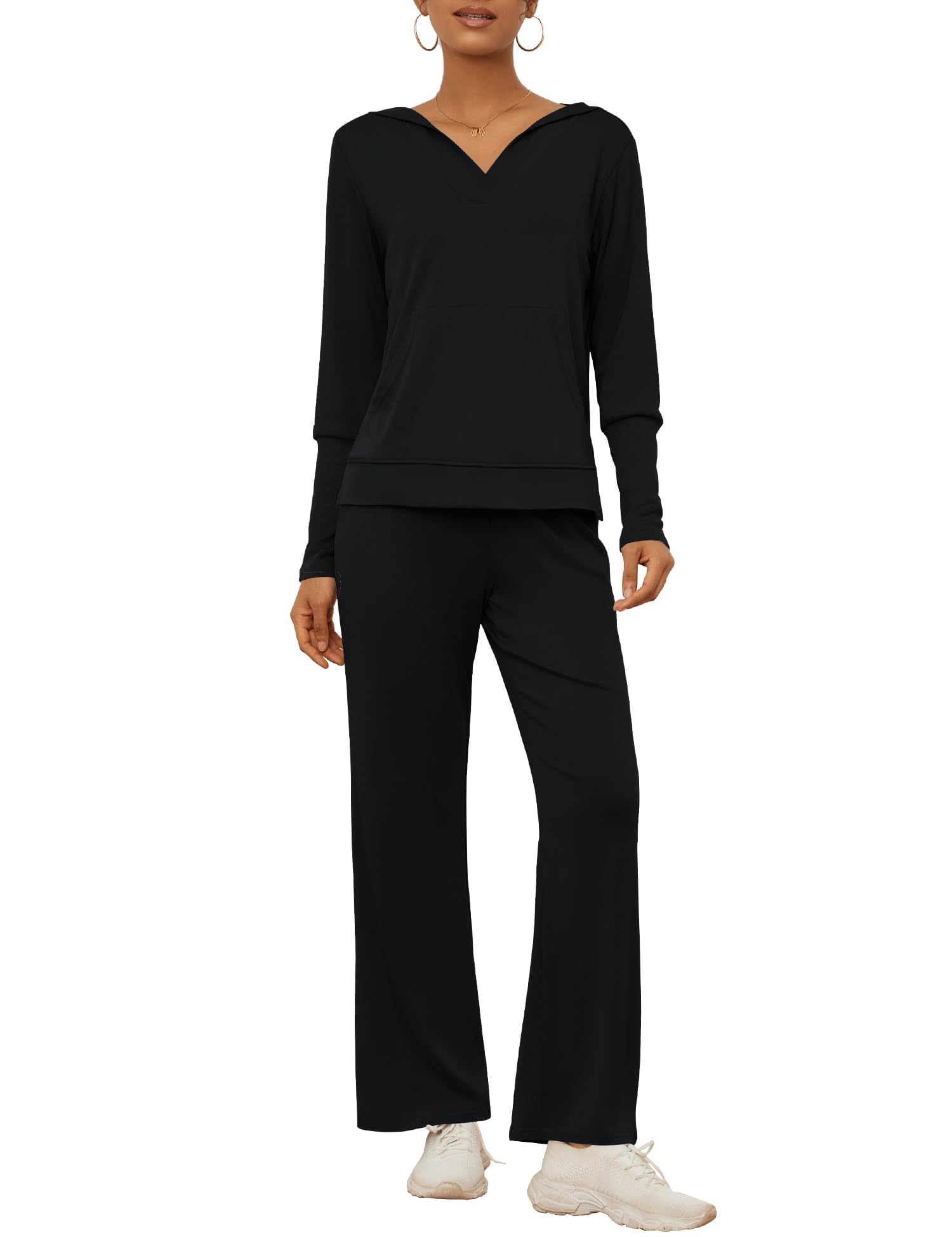 AKEWEITwo Piece Outfits for Women Fall 2023 Sweatsuits Matching Set V Neck Hoodie Wide Leg Pants Tracksuit Lounge Sets