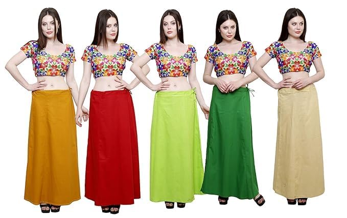 Image of Vlazom Women's Cotton Saree Petticoat - Pack of 5 Inskirts | Soft & Breathable Underskirts | Adjustable Drawstring Waist | Multicolor for Daily & Occasion Wear