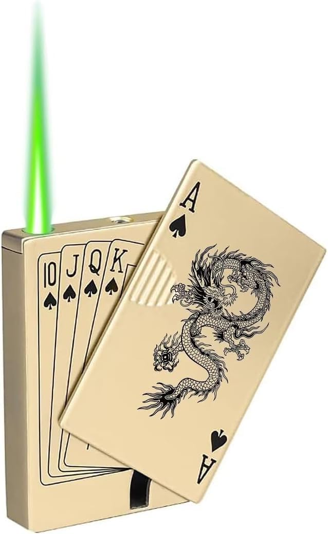 Jet Torch Lighter, Green Flame Dragon Card Lighter, Cool Poker Design Windproof Refillable Butane Lighter, for Outdoor, Indoor, Camping, BBQ, Candle, Birthday, Gift (Without Gas)